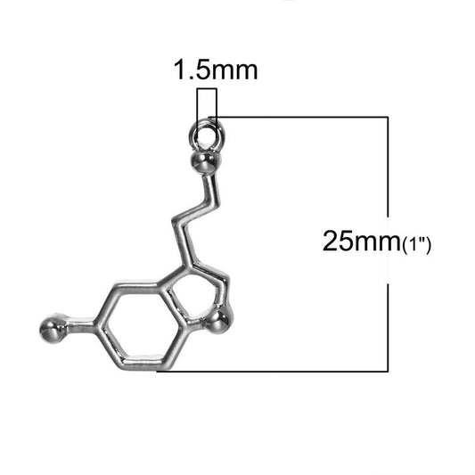W012 - 10 pcs. Silver Tone Chemistry Science Molecule Serotonin Charms Pendants - 25mm X 13mm - 1 in x 0.5 in
