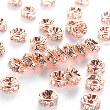 BD506 - 50 pcs Rose Gold Plated Clear Rhinestone Rondelle Spacer Beads - 8mm x 3.8mm - Grade AAA - Hole Size: 1.5mm - Crystal