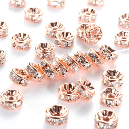 BD506 - 50 pcs Rose Gold Plated Clear Rhinestone Rondelle Spacer Beads - 8mm x 3.8mm - Grade AAA - Hole Size: 1.5mm - Crystal