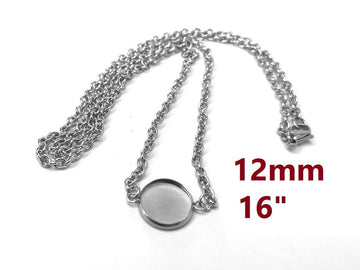 N194 - 3 pcs. 304 Stainless Steel Silver Tone Chain Necklaces - 16" (40.7cm) - 12mm Bezel - Tarnish Resistant!