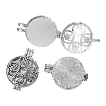 P287 - 2 pcs. Silver Tone Carved Round Heart Pattern Pendant Photo Picture Locket Box - 44mm x 33mm - Perfume Diffuser!