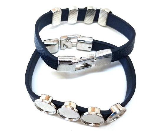 B082 - 2 pcs. Blue Faux Leather Bracelets with 12mm Glue Pad Bezel Trays and Extender Chains - Adjustable from 7" to 9" - 4 Settings