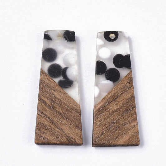 P2200 - 4 pcs. Resin and Wood Trapezoid Flat Pendant - 50mm x 19mm - (2" x 0.75") - Black and White Polka Dots - Great for Earrings and Necklaces!