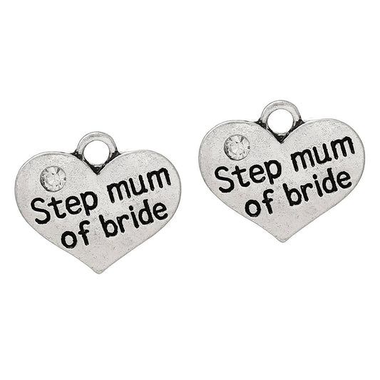 P054 - 4 pcs. Antique Silver "Step Mum of Bride" charm with rhinestone - 17mm X 15mm