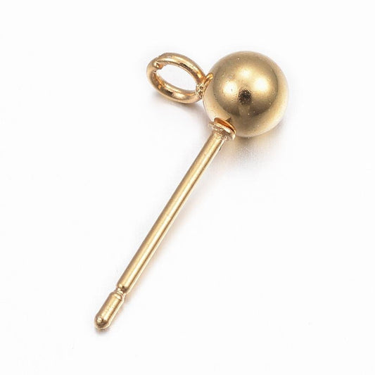 E385 - 10 pcs. (5 pairs) 304 Stainless Steel Earring Ball Posts Settings with Loop - 16mm x 8mm - 24K Gold Plated- 5mm Ball Diameter - Stoppers Included!