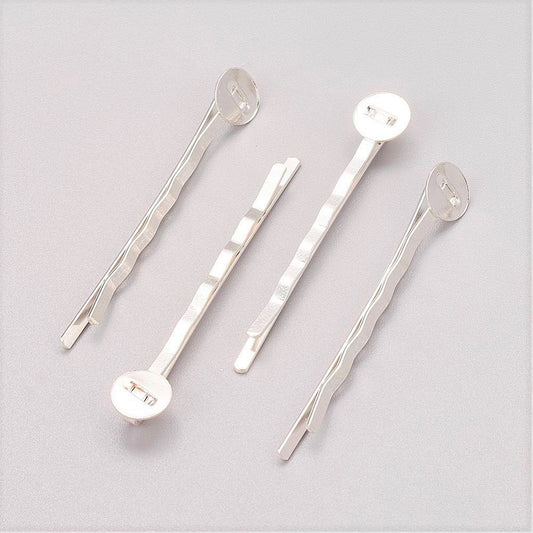 H058 - 50 pcs. Silver Plated Bobby Pins - 8mm Glue Pad - Ripple Pattern - 52mm x 8mm (2.05 in x 3/8 in)