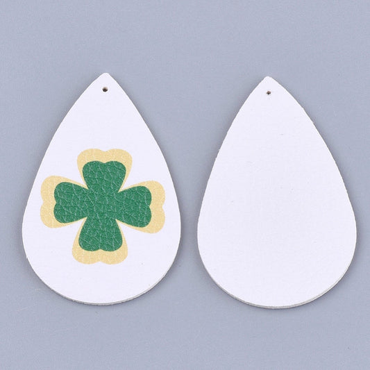 P2213 - 10 pcs. Green and White Faux Leather Dangle Charms Pendants - Teardrop - St. Patrick's Day - 56mm (2.2") - Double-Sided - Style C - Clover