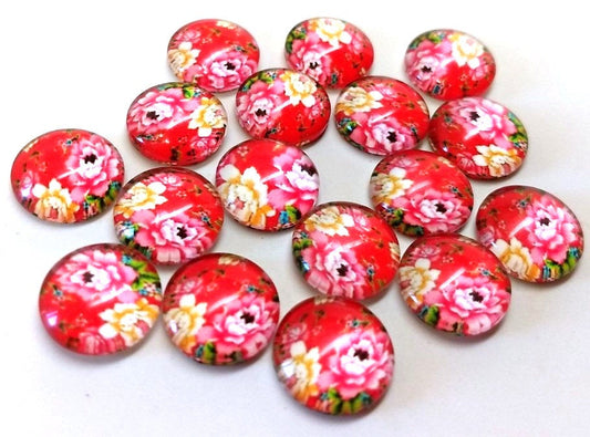 CA786 - 10 pcs Circle Flower Glass Round Dome Seals Tiles Cabochons - 12mm - Pink Rose with Red Background