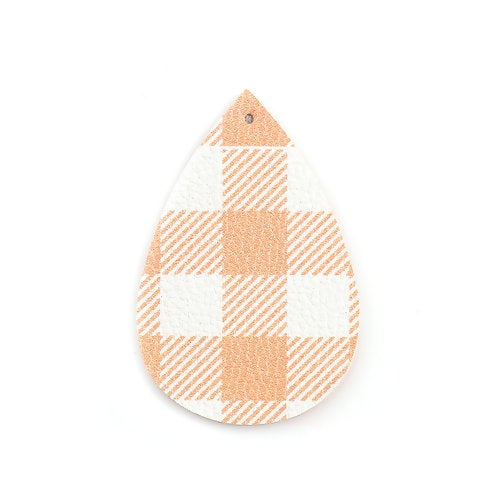 P1089 - 10 pcs Orange and White Faux Leather Dangle Pendants - Teardrop - Gingham Pattern - 56mm (2.2") -Great for Earrings or Dangles! Double-Sided
