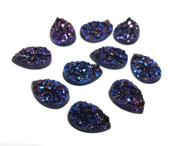 CA660 - 10 pcs Druzy Resin Embellishment Cabochons Magenta Purple Indigo Multicolor - 14x10mm - Teardrop - 14mm x 10mm - 3mm Thick