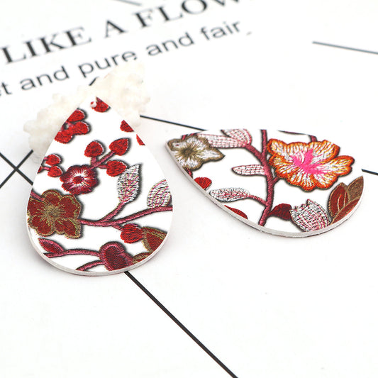 P226 - 10 pcs. White and Red Multicolor Floral Embroidered Faux Leather Dangle Charms Pendants - Teardrop - 56mm (2.2") - Double Sided