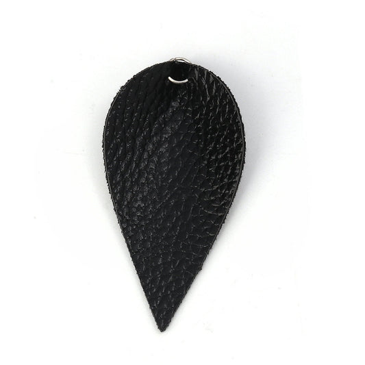 P645 - 10 pcs. Dark Brown Faux Leather Dangle Charms Pendants - Pinch Leaf - Silver Tone Jump Ring - 63mm (2.5") - Great for Earrings or Dangles