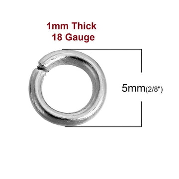 J203A - 100 pcs Silver Tone Open Jump Rings - 5mm - 18 Gauge (1mm Thick)