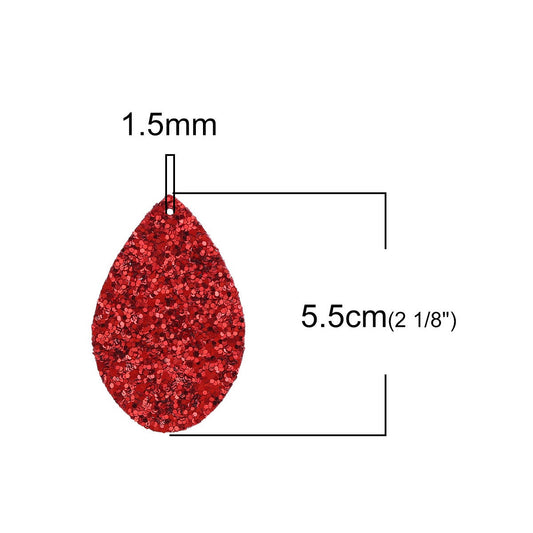 P735 - 10 pcs. Red Faux Leather Dangle Charms Pendants - Teardrop - 55mm (2.17") - Great for Light Earrings and Dangles! Double-Sided