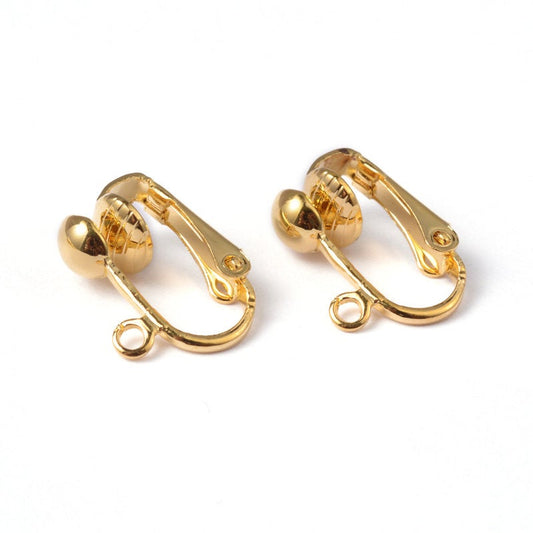 E493 - 10 pcs. Golden Earring Clips Settings Lever Back with Loop - 15mm x 13.5mm - Great for Non-pierced Unpierced Ears