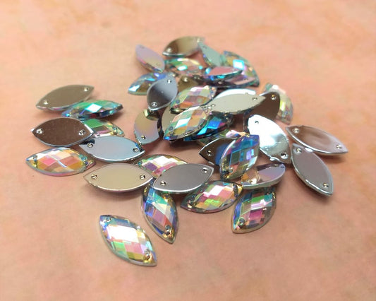CA956 - 10 pcs Acrylic Embellishment Marquise Faceted Cabochons - Clear Multicolor - 15mm x 7mm - Sew On - 2 Holes