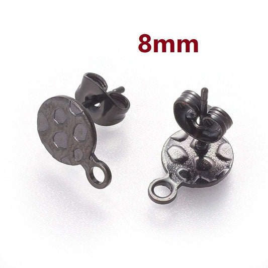 E599 - 10 pcs (5 pairs) 304 Stainless Steel Gunmetal Earring Posts/Studs/Settings - 8mm Diameter - Hole Size: 1.8mm - TEXTURED - Style E -with Loop
