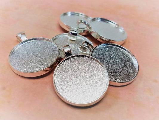 P973A - 5 pcs. Silver Plated Pendant Trays Circle Posts Settings Bezels Cabochons - 25mm Glue Pad Setting (1 inch) - Double-Sided - High Quality