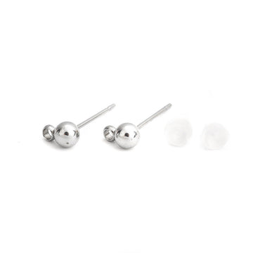 E478 - 10 pcs. (5 pairs) 304 Stainless Steel Earring Ball Posts Settings with Loop - 16mm x 6mm - Silver Tone - 4mm Ball Diameter - with Stoppers