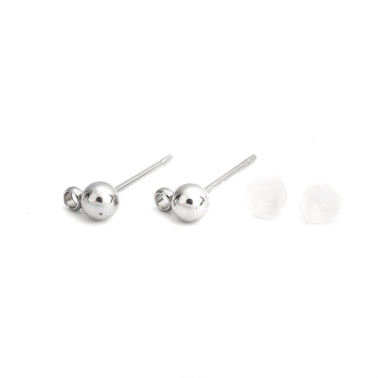 E478 - 10 pcs. (5 pairs) 304 Stainless Steel Earring Ball Posts Settings with Loop - 16mm x 6mm - Silver Tone - 4mm Ball Diameter - with Stoppers