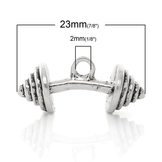 P275 - 10 pcs. Antique Silver Spiral Curved Dumbbell Gym Weight Charms Pendants - 23mm X 10mm (0.91 x 0.4 inch) - Hole Size: 2mm