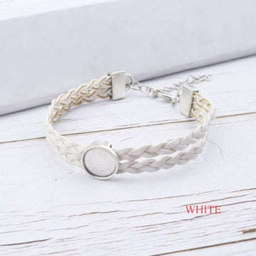 B074 - 2 pcs White Faux Leather Bracelets with 12mm Glue Pad Bezel Trays and Extender Chains - Adjustable from 7" to 9" - Double Braided Cord