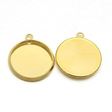 P019 - 5 pcs. 304 Stainless Steel Circle Round Bezel Pendant Tags Trays - Golden - 16mm Glue Pad Setting - Tarnish Resistant!