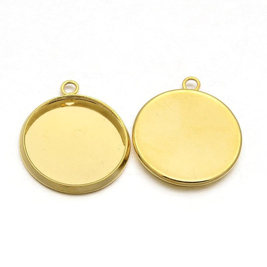 P019 - 5 pcs. 304 Stainless Steel Circle Round Bezel Pendant Tags Trays - Golden - 16mm Glue Pad Setting - Tarnish Resistant!