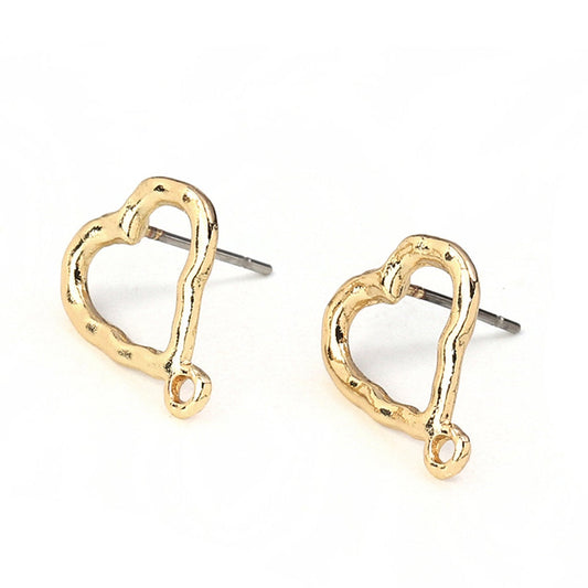 E722 - 10 pcs. (5 pairs) Gold Plated Earring Posts/Bases/Studs/Settings with Loop - Hammered Style - Heart - 14mm x 12mm - Hole Size: 1mm