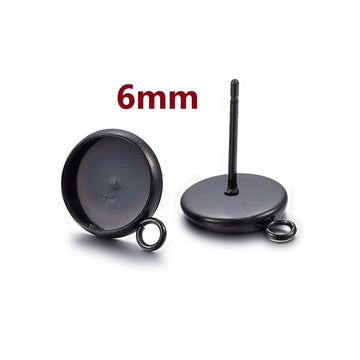 E610 - 10 pcs. 304 Stainless Steel Gunmetal Black Earring Posts Settings Bezels Cabochons Tacks with Loop - 6mm Glue Pad Setting - Parallel Loop