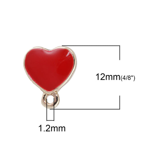 E706 - 10 pcs. Gold Plated with Red Enamel Heart Earring Posts Studs with Loop Cabochons Tacks- 12mm x 11mm Base - 14mm Length - Hole Size: 1.2mm