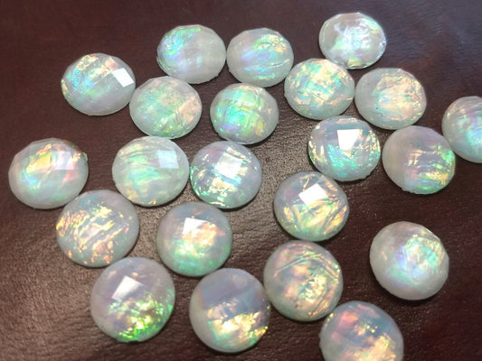 CA922 - 10 pcs Resin Round Embellishment Circle Cabochons Metal Mosaic Foil - White Multicolor - 12mm - Faceted