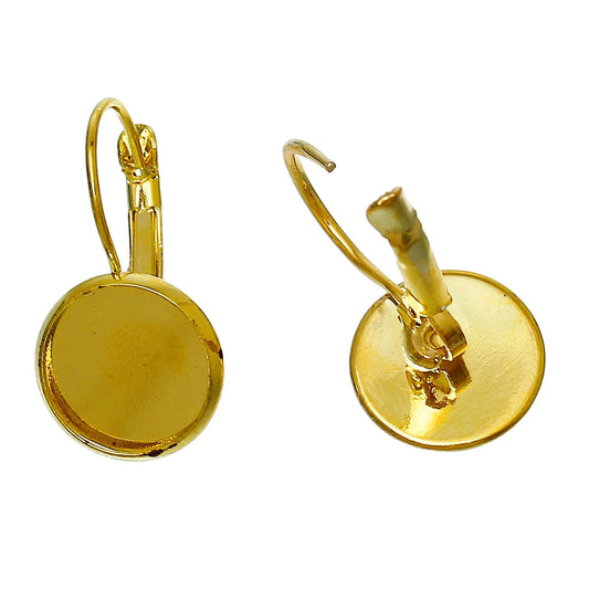 E386 - 10 pcs. Golden Earring Clips Settings Lever Back Bezels Cabochons - 16mm Glue Pad Setting