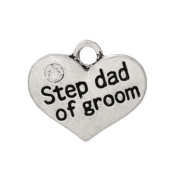 P055 - 4 pcs. Antique Silver "Step Dad of Groom" charm with rhinestone - 16mm X 14mm