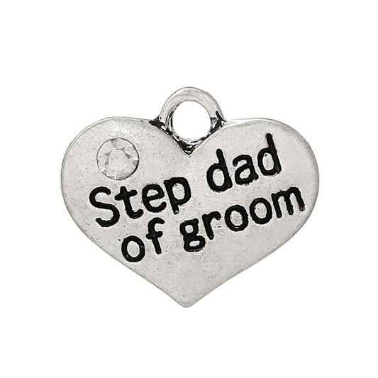 P055 - 4 pcs. Antique Silver "Step Dad of Groom" charm with rhinestone - 16mm X 14mm