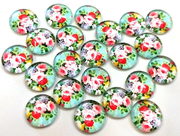 CA787 - 10 pcs Circle Flower Glass Round Dome Seals Tiles Cabochons - 12mm - Pink Rose with Teal Background