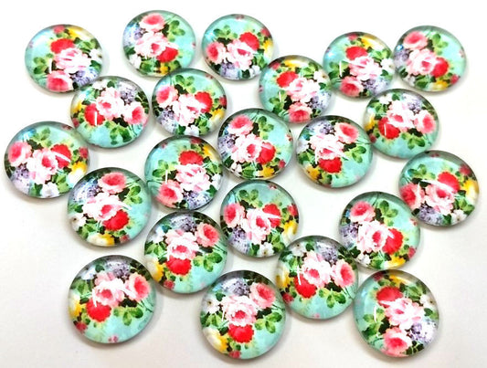 CA787 - 10 pcs Circle Flower Glass Round Dome Seals Tiles Cabochons - 12mm - Pink Rose with Teal Background