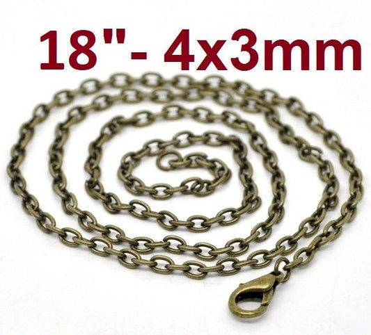 N182 - 12 pcs. Antique Bronze Chain Link Necklaces 18" - (4mm x 3mm Links) - Lobster Clasps