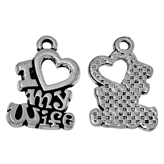 P609 - 30pcs. Antique Silver "I love (heart) My Wife" Carved Charms Pendants - 21 x 14mm