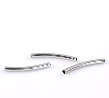 BD402 - 50 pcs. Silver Tone Noodle Smooth Pattern Tube Long Thin Curved Beads - 39mm x 4mm (1.54" x 0.16")