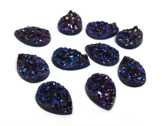 CA660 - 10 pcs Druzy Resin Embellishment Cabochons Magenta Purple Indigo Multicolor - 14x10mm - Teardrop - 14mm x 10mm - 3mm Thick