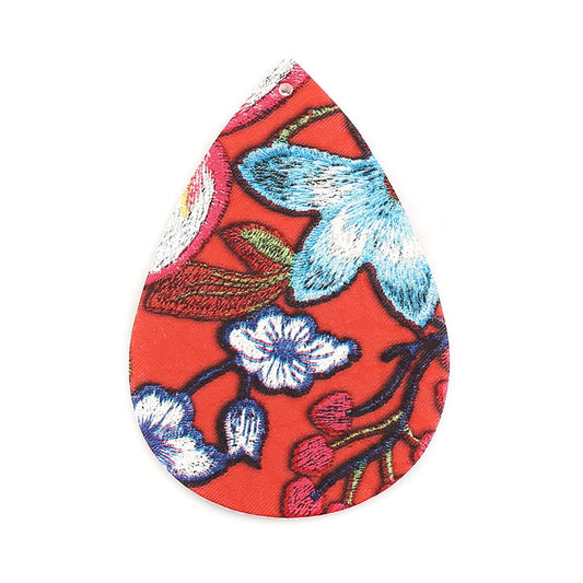 P227 - 10 pcs. Red and Blue Multicolor Floral Embroidered Faux Leather Dangle Charms Pendants - Teardrop - 56mm (2.2") - Double Sided