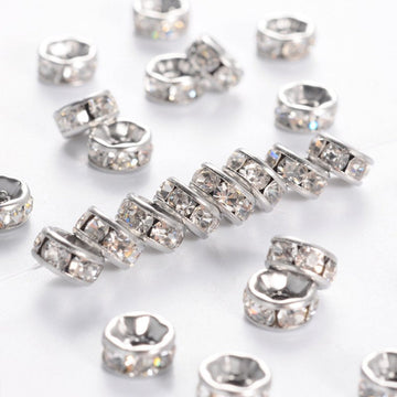 BD759 - 25 pcs. 316 Stainless Steel Clear Rhinestone Rondelle Spacer Beads - Silver Tone - 6mm x 3mm - Hole Size: 1mm - Straight Edges
