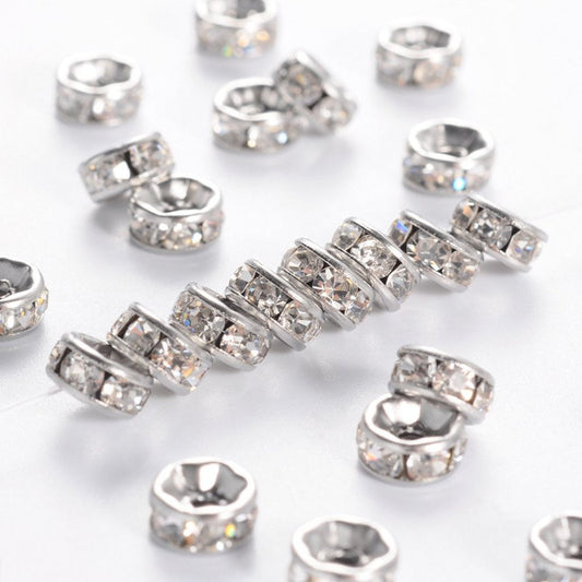 BD759 - 25 pcs. 316 Stainless Steel Clear Rhinestone Rondelle Spacer Beads - Silver Tone - 6mm x 3mm - Hole Size: 1mm - Straight Edges