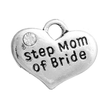 P075 - 4 pcs. Antique Silver "Step Mom of Bride" charm with rhinestone- 17mm X 13mm