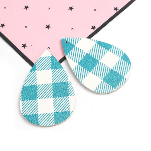 P1123 - 10 pcs Teal and White Faux Leather Dangle Pendants - Teardrop - Gingham Pattern - 56mm (2.2") -Great for Earrings or Dangles! Double-Sided