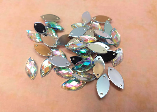 CA956 - 10 pcs Acrylic Embellishment Marquise Faceted Cabochons - Clear Multicolor - 15mm x 7mm - Sew On - 2 Holes