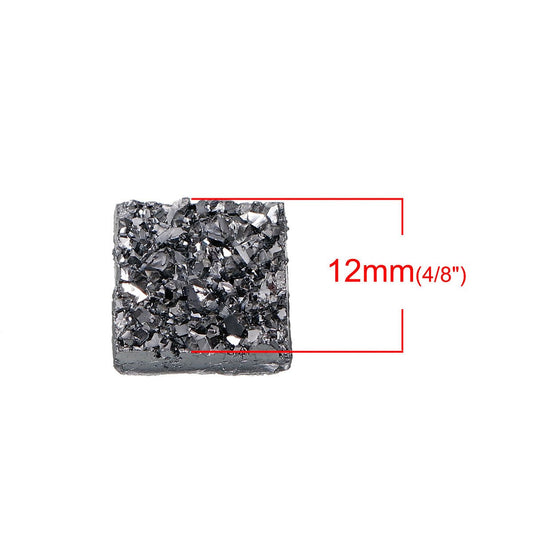 CA205 - 10 pcs Druzy Resin Embellishment Cabochons Dark Grey Gray Silver Gunmetal - 12mm - Square