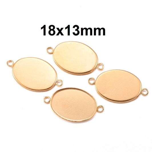 P781 - 10 pcs. 304 Stainless Steel Gold Plated Oval Bezel Cabochon Cameo Connector Tags Trays - 18mm x 13mm Glue Pad - Tarnish Resistant