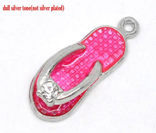 P820 - 10 pcs. Silver Tone Pink Enamel Flip Flops Rhinestone Sandals Charms Pendants - 23mm x 9mm